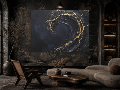 Ocean Wave Wall Art | Black Gold Kintsugi Canvas | Modern Coastal Decor — Framed Print wall art