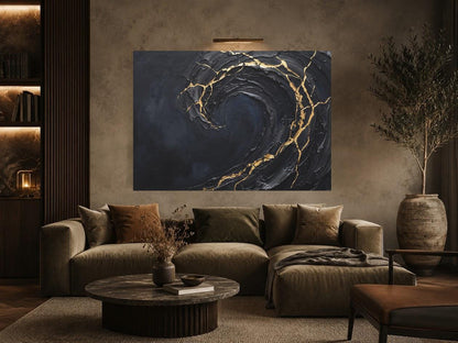 Ocean Wave Wall Art | Black Gold Kintsugi Canvas | Modern Coastal Decor — Framed Print wall art