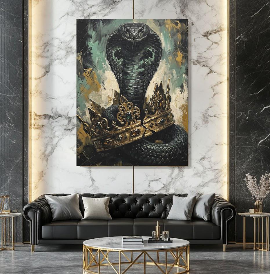 King Cobra Wall Art | Crowned Snake Canvas Print | Dark Man Cave Decor — Framed Print wall art