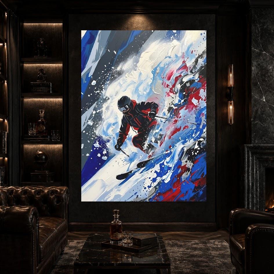 Skiing Wall Art | Abstract Skier Canvas Print | Mountain Lodge Decor — Framed Print wall art
