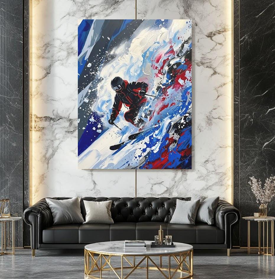 Skiing Wall Art | Abstract Skier Canvas Print | Mountain Lodge Decor — Framed Print wall art
