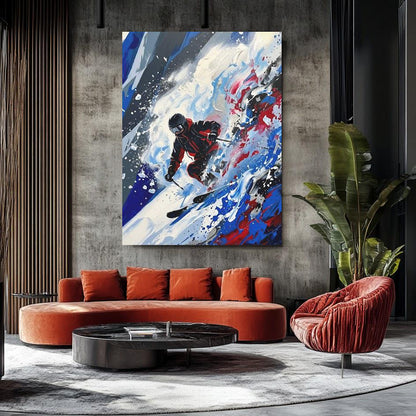 Skiing Wall Art | Abstract Skier Canvas Print | Mountain Lodge Decor — Framed Print wall art