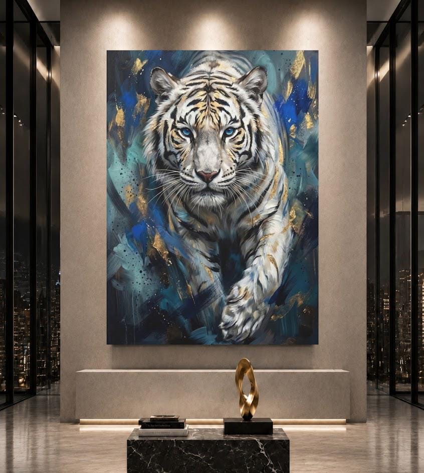 White Tiger Wall Art, Blue Eyes Wildlife Canvas Print for Living Room — Poster wall art