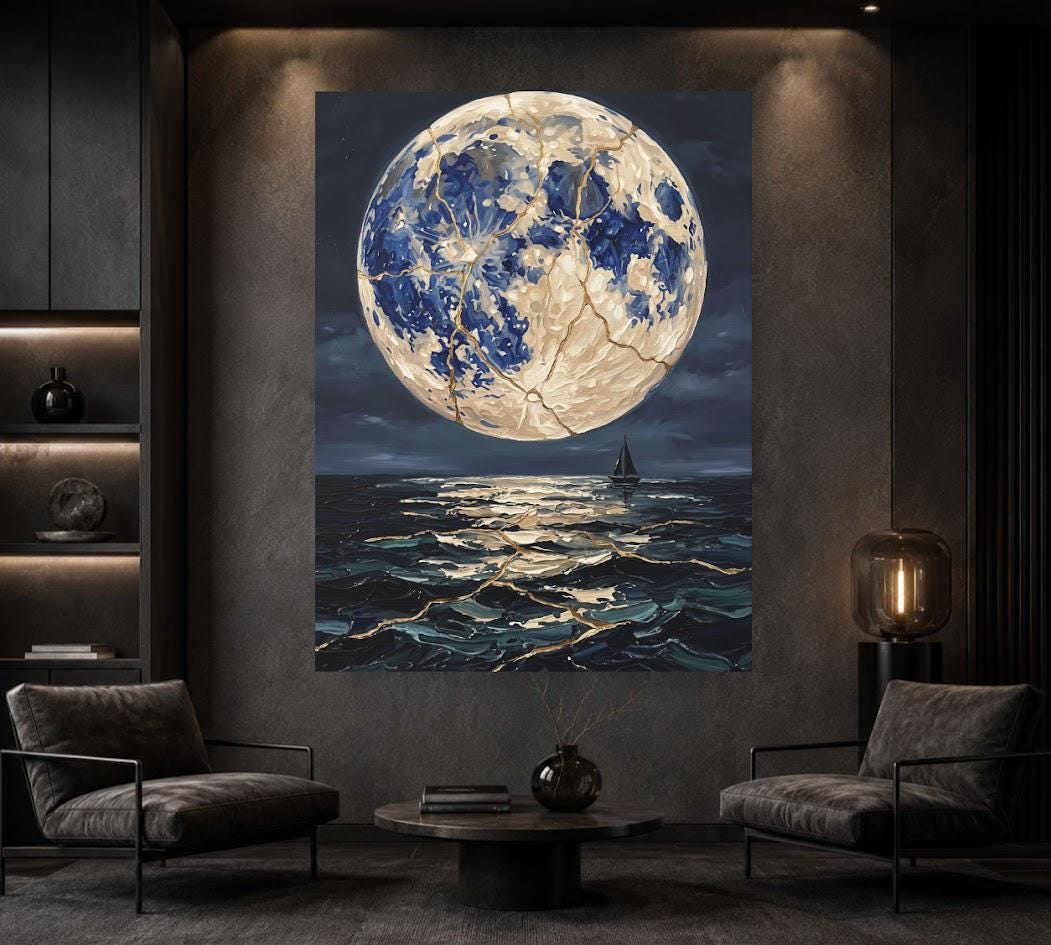 Moonlit Ocean Canvas | Sailboat Seascape Art | Dark Coastal Decor — Framed Print wall art