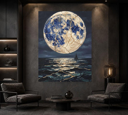 Moonlit Ocean Canvas | Sailboat Seascape Art | Dark Coastal Decor — Framed Print wall art