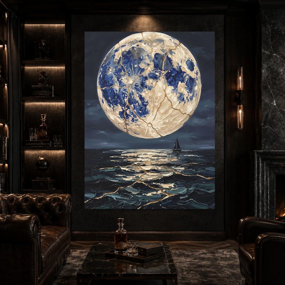 Moonlit Ocean Canvas | Sailboat Seascape Art | Dark Coastal Decor — Framed Print wall art