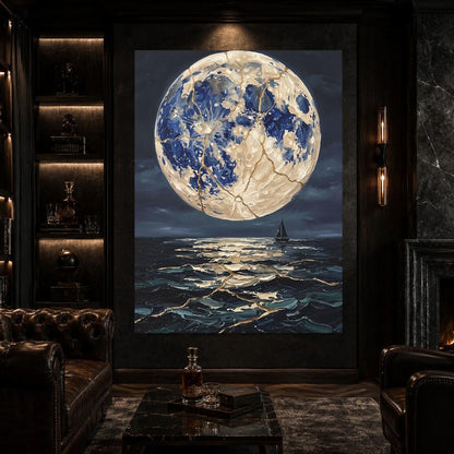 Moonlit Ocean Canvas | Sailboat Seascape Art | Dark Coastal Decor — Framed Print wall art