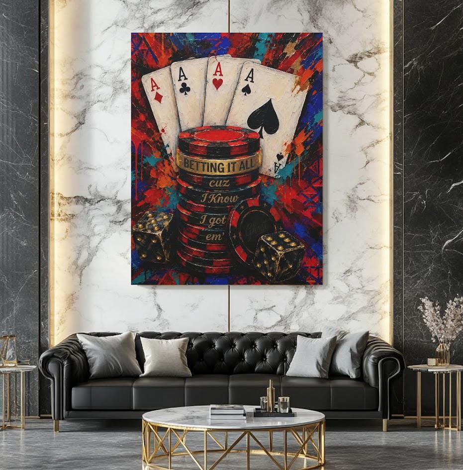 Poker Wall Art | Aces Casino Canvas Print | Gambling Quote Decor for Man Cave Game Room Office — Framed Print wall art