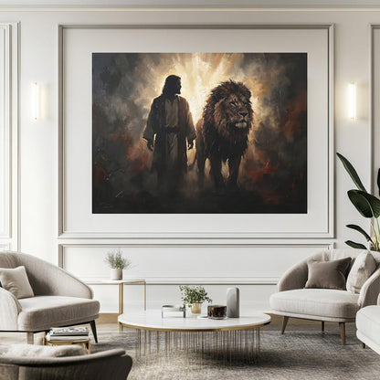 Jesus and Lion Canvas Wall Art, Lion of Judah Christian Painting, Faith Based Religious Decor — Framed Print wall art