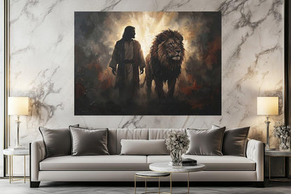Jesus and Lion Canvas Wall Art, Lion of Judah Christian Painting, Faith Based Religious Decor — Poster wall art