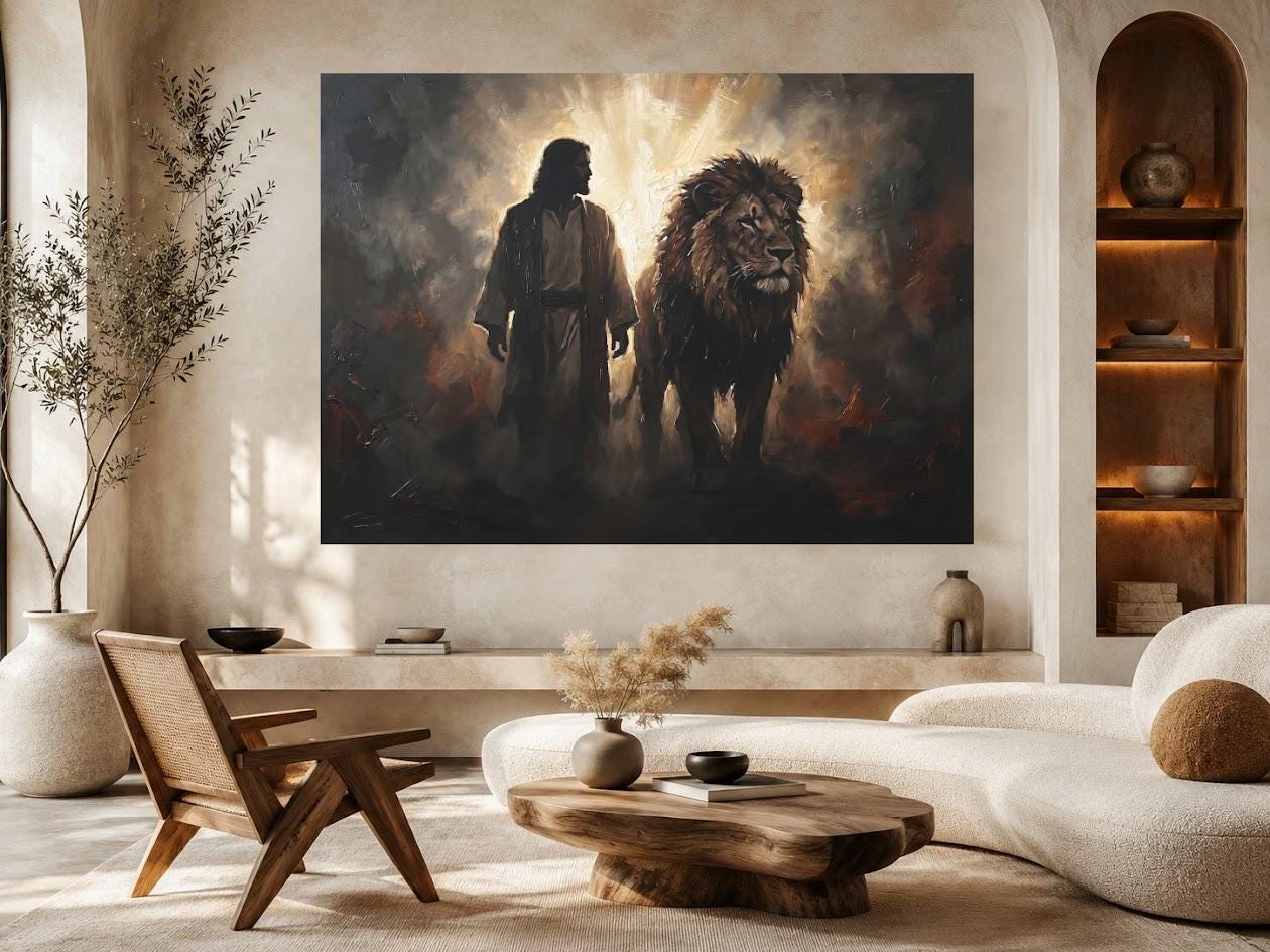 Jesus and Lion Canvas Wall Art, Lion of Judah Christian Painting, Faith Based Religious Decor — Framed Print wall art
