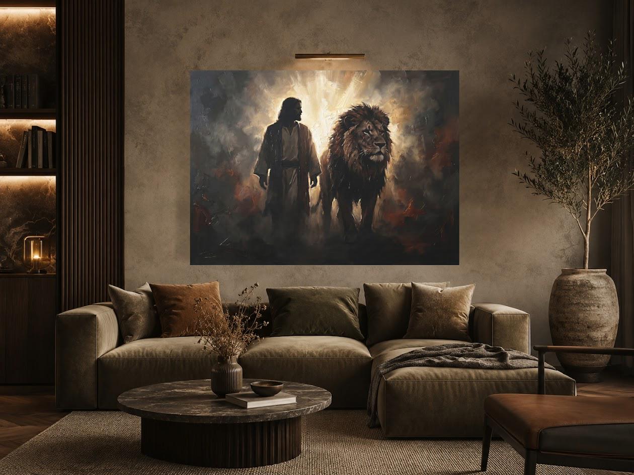 Jesus and Lion Canvas Wall Art, Lion of Judah Christian Painting, Faith Based Religious Decor — Framed Print wall art