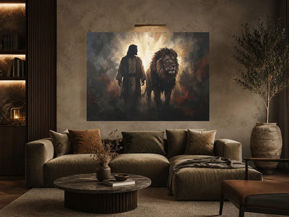 Jesus and Lion Canvas Wall Art, Lion of Judah Christian Painting, Faith Based Religious Decor — Framed Print wall art