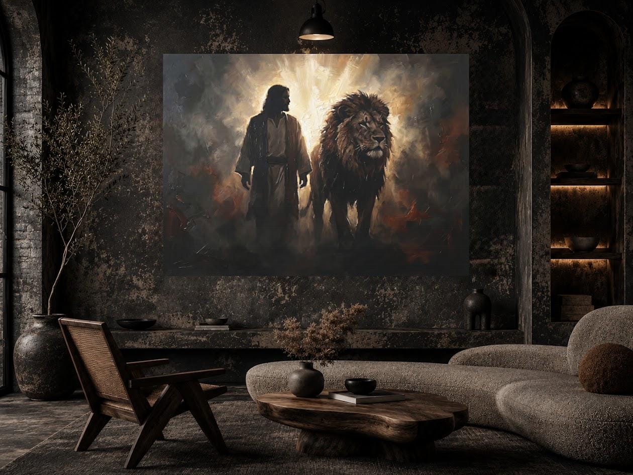 Jesus and Lion Canvas Wall Art, Lion of Judah Christian Painting, Faith Based Religious Decor — Framed Print wall art