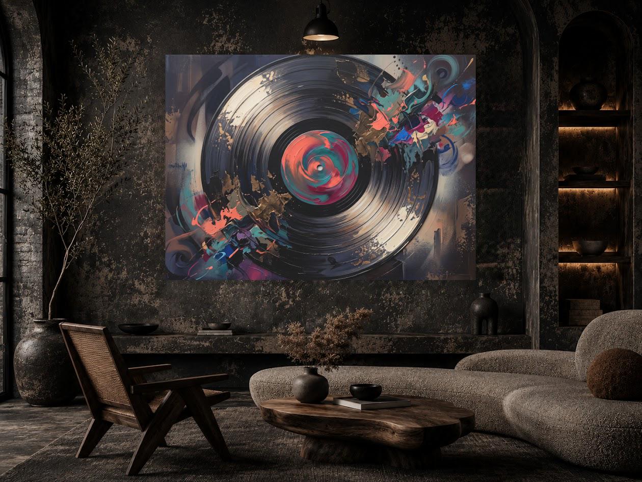 Vinyl Record Wall Art, Abstract Music Canvas Print, Modern DJ Studio Decor, Turntable Inspired Painting — Framed Print wall