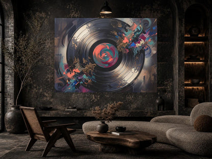 Vinyl Record Wall Art, Abstract Music Canvas Print, Modern DJ Studio Decor, Turntable Inspired Painting — Framed Print wall