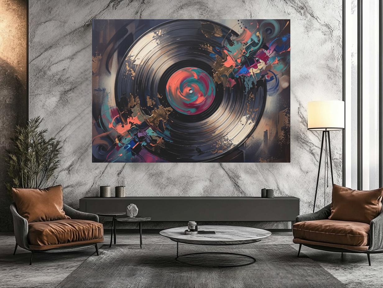 Vinyl Record Wall Art, Abstract Music Canvas Print, Modern DJ Studio Decor, Turntable Inspired Painting — Framed Print wall