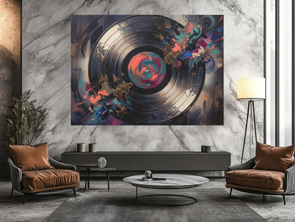 Vinyl Record Wall Art, Abstract Music Canvas Print, Modern DJ Studio Decor, Turntable Inspired Painting — Framed Print wall