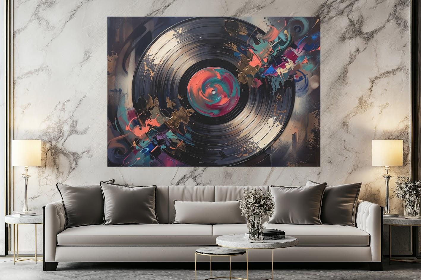 Vinyl Record Wall Art, Abstract Music Canvas Print, Modern DJ Studio Decor, Turntable Inspired Painting — Framed Print wall