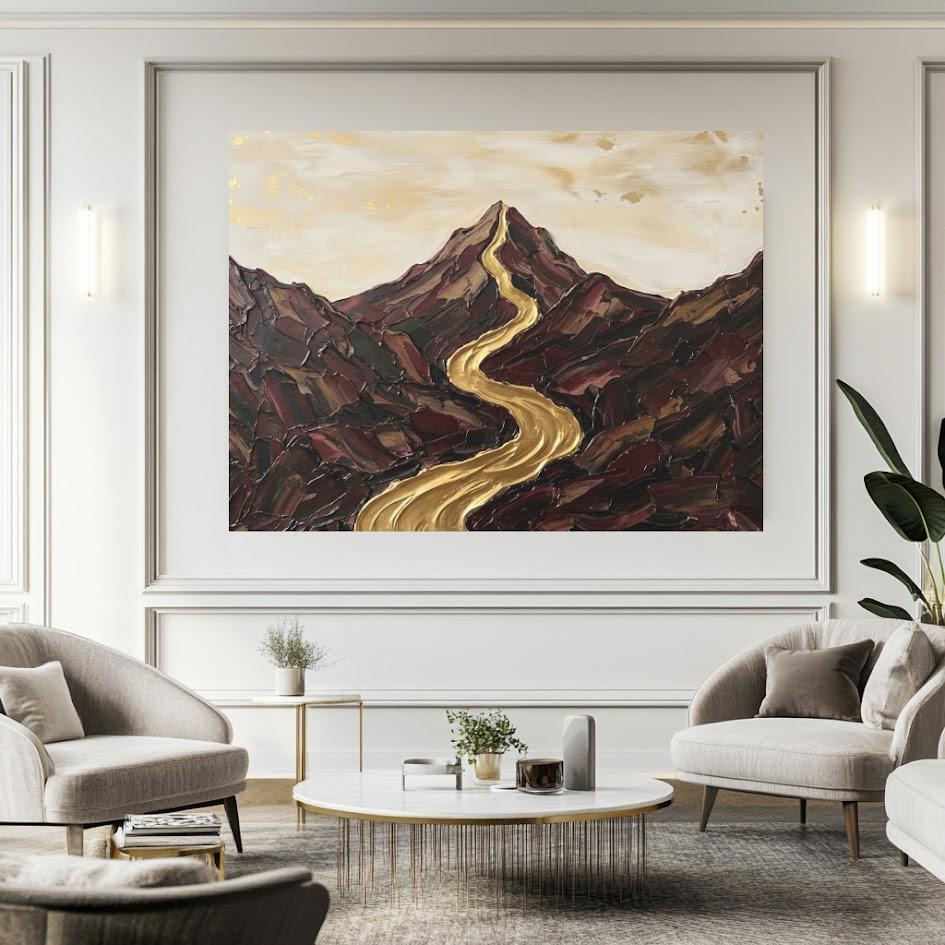 Abstract Mountain Landscape Wall Art, Gold River Canvas Print, Neutral Earth Tone Large Wall Decor — Framed Print wall art