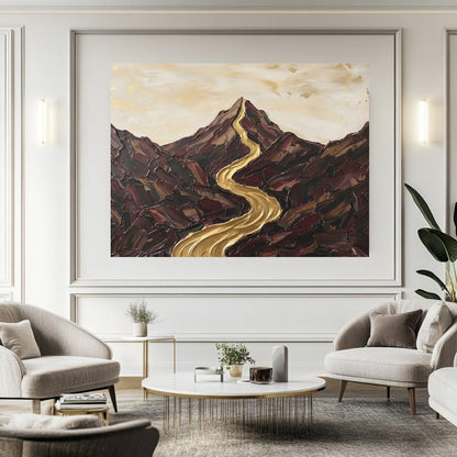 Abstract Mountain Landscape Wall Art, Gold River Canvas Print, Neutral Earth Tone Large Wall Decor — Framed Print wall art