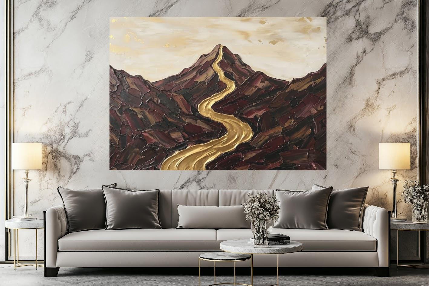 Abstract Mountain Landscape Wall Art, Gold River Canvas Print, Neutral Earth Tone Large Wall Decor — Framed Print wall art