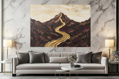 Abstract Mountain Landscape Wall Art, Gold River Canvas Print, Neutral Earth Tone Large Wall Decor — Framed Print wall art