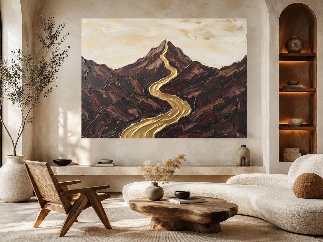 Abstract Mountain Landscape Wall Art, Gold River Canvas Print, Neutral Earth Tone Large Wall Decor — Poster wall art