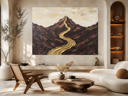 Abstract Mountain Landscape Wall Art, Gold River Canvas Print, Neutral Earth Tone Large Wall Decor — Poster wall art