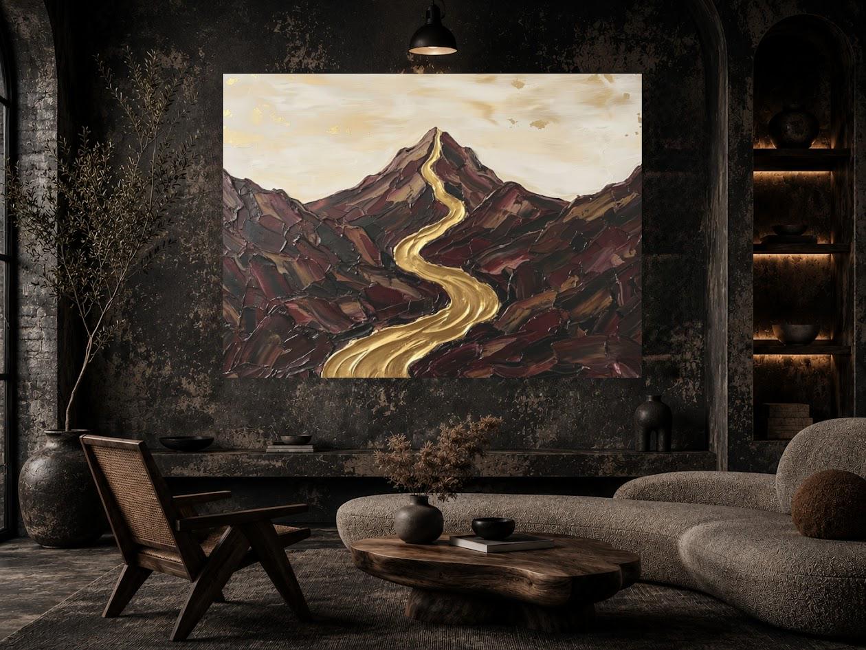 Abstract Mountain Landscape Wall Art, Gold River Canvas Print, Neutral Earth Tone Large Wall Decor — Framed Print wall art