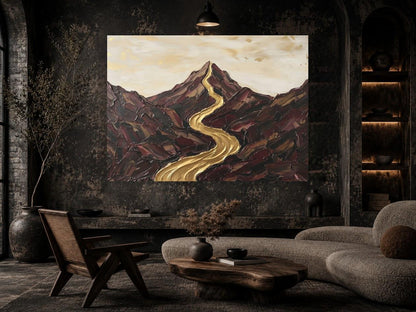 Abstract Mountain Landscape Wall Art, Gold River Canvas Print, Neutral Earth Tone Large Wall Decor — Framed Print wall art