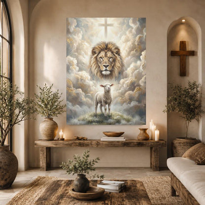 Lion and Lamb Wall Art | Christian Canvas Print | Prayer Room Decor — Framed Print wall art