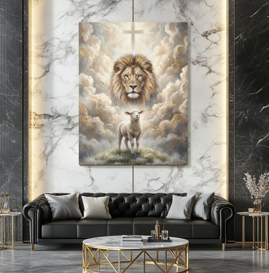 Lion and Lamb Wall Art | Christian Canvas Print | Prayer Room Decor — Framed Print wall art