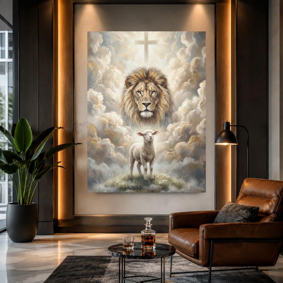 Lion and Lamb Wall Art | Christian Canvas Print | Prayer Room Decor — Framed Print wall art
