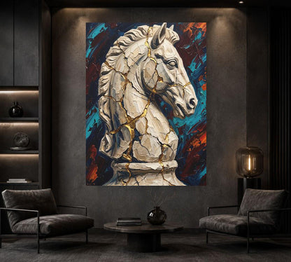 White Chess Knight Art | Cracked Gold Canvas Print | Masculine Office Decor — Framed Print wall art