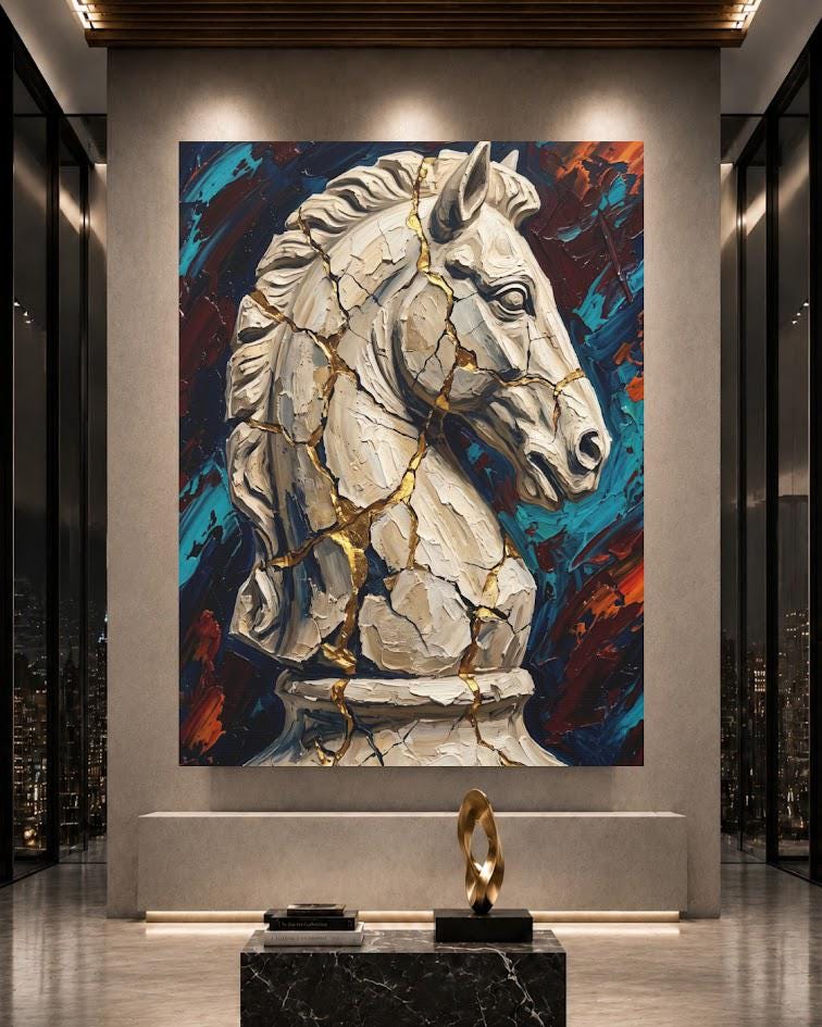 White Chess Knight Art | Cracked Gold Canvas Print | Masculine Office Decor — Poster wall art