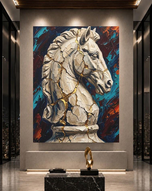 White Chess Knight Art | Cracked Gold Canvas Print | Masculine Office Decor — Poster wall art