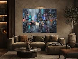 Rainy City Wall Art | Abstract Night Canvas | Modern Living Room Decor — Framed Print wall art