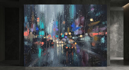 Rainy City Wall Art | Abstract Night Canvas | Modern Living Room Decor — Framed Print wall art