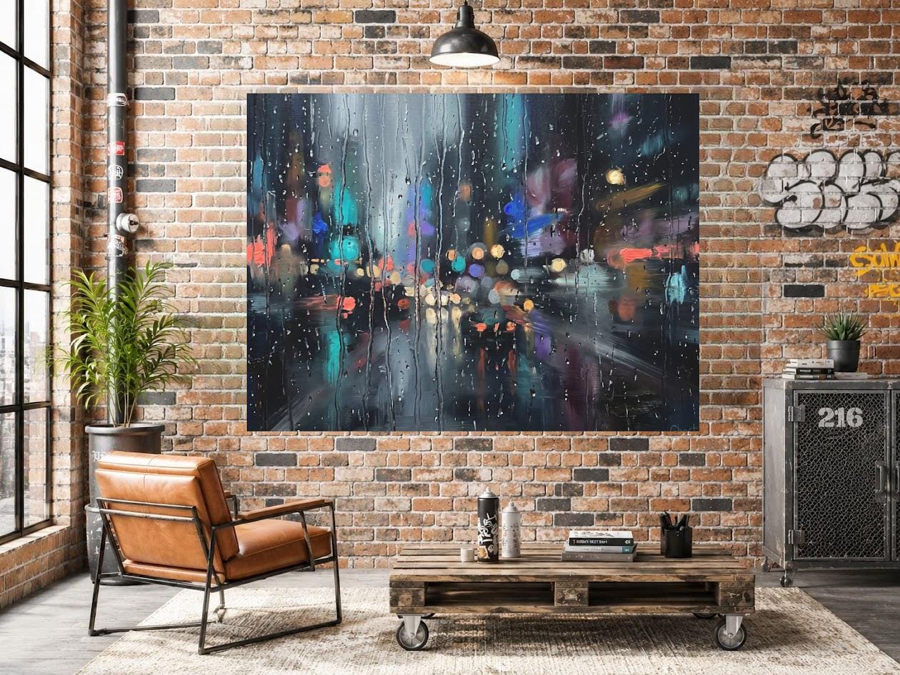 Rainy City Wall Art | Abstract Night Canvas | Modern Living Room Decor — Framed Print wall art