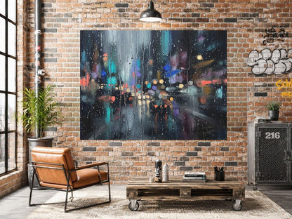 Rainy City Wall Art | Abstract Night Canvas | Modern Living Room Decor — Framed Print wall art