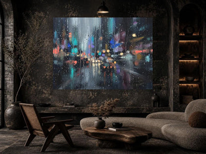 Rainy City Wall Art | Abstract Night Canvas | Modern Living Room Decor — Framed Print wall art