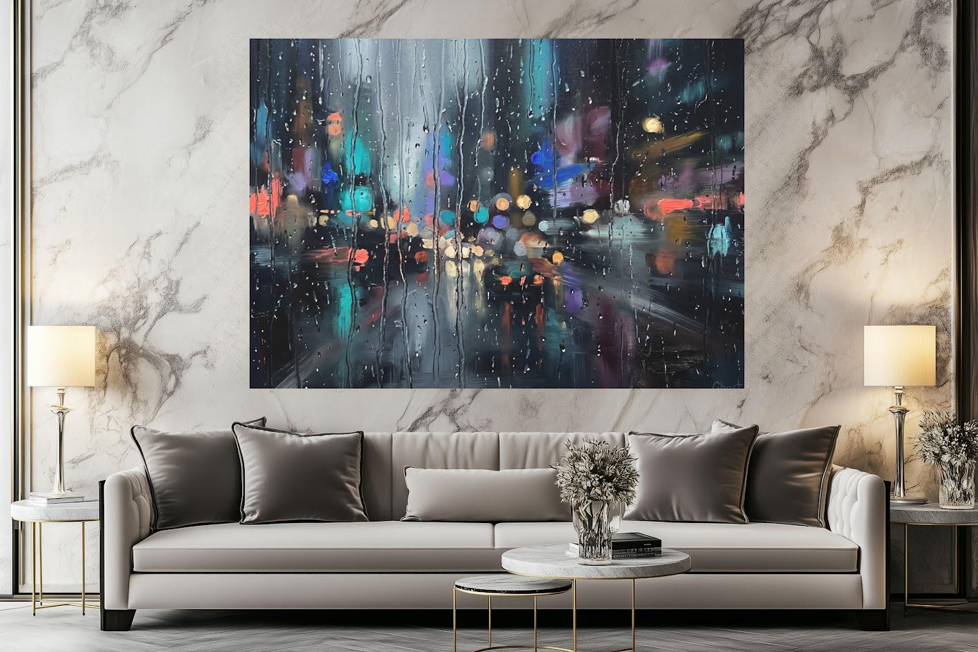 Rainy City Wall Art | Abstract Night Canvas | Modern Living Room Decor — Poster wall art