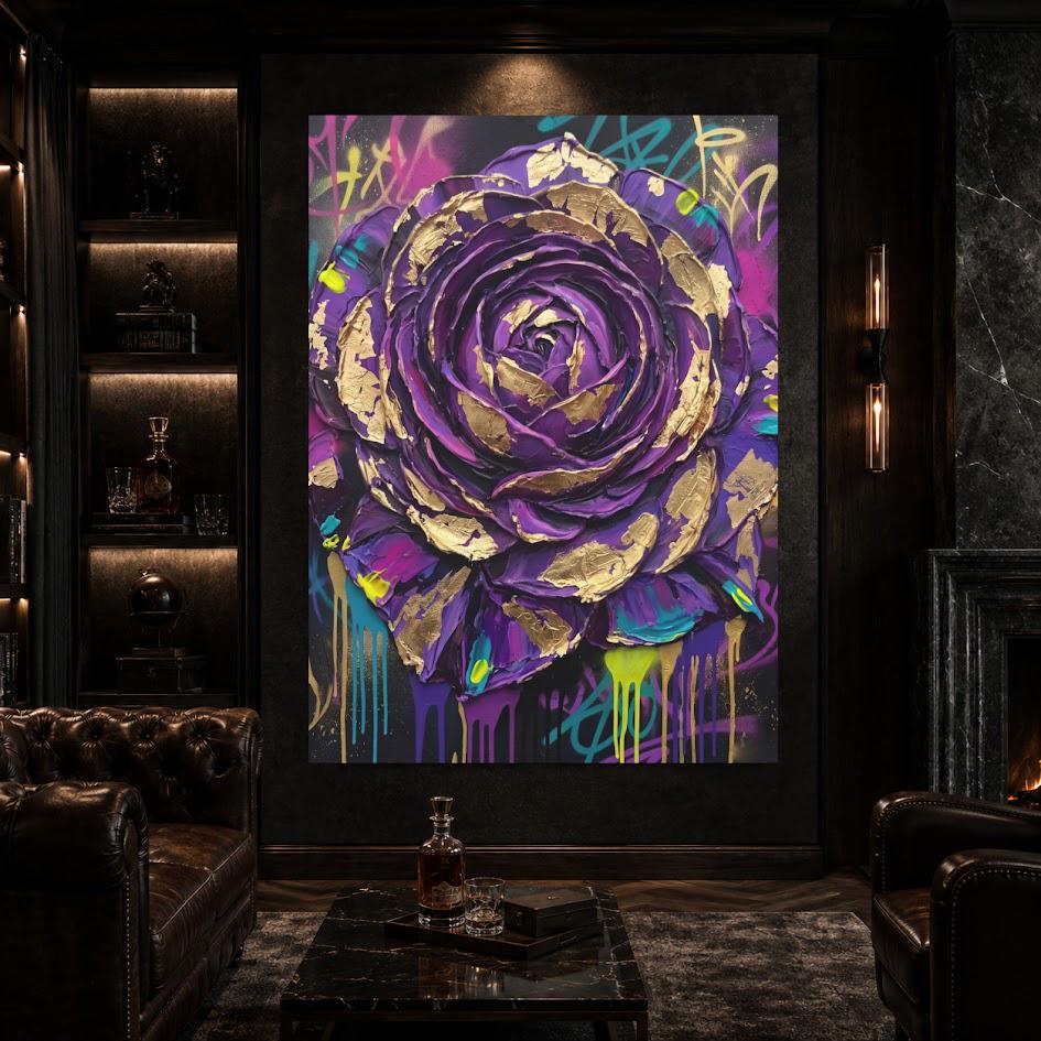 Purple Rose Wall Art | Graffiti Floral Canvas | Bold Maximalist Decor — Framed Print wall art