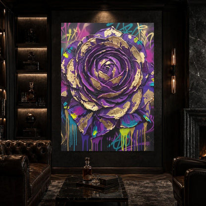 Purple Rose Wall Art | Graffiti Floral Canvas | Bold Maximalist Decor — Framed Print wall art