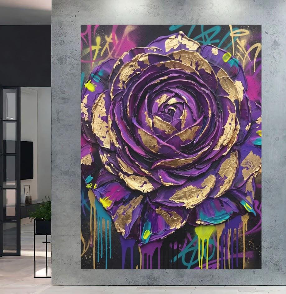 Purple Rose Wall Art | Graffiti Floral Canvas | Bold Maximalist Decor — Framed Print wall art