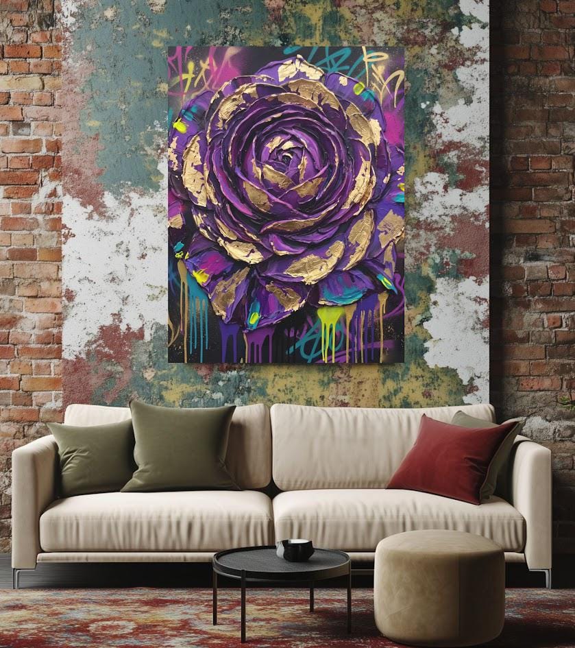 Purple Rose Wall Art | Graffiti Floral Canvas | Bold Maximalist Decor — Framed Print wall art