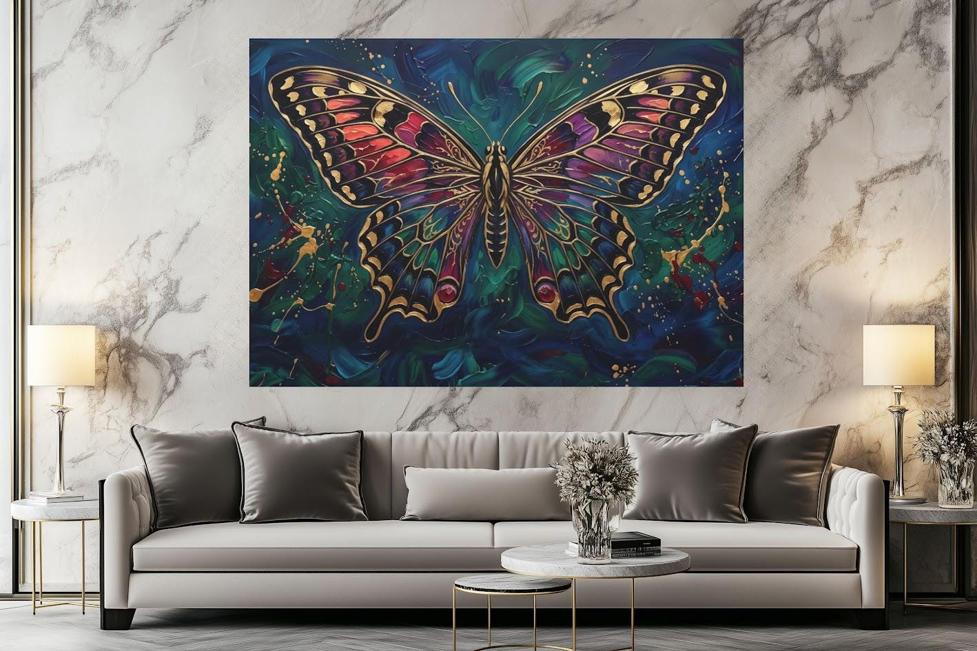 Butterfly Wall Art | Jewel Tone Canvas | Moody Botanical Decor — Framed Print wall art