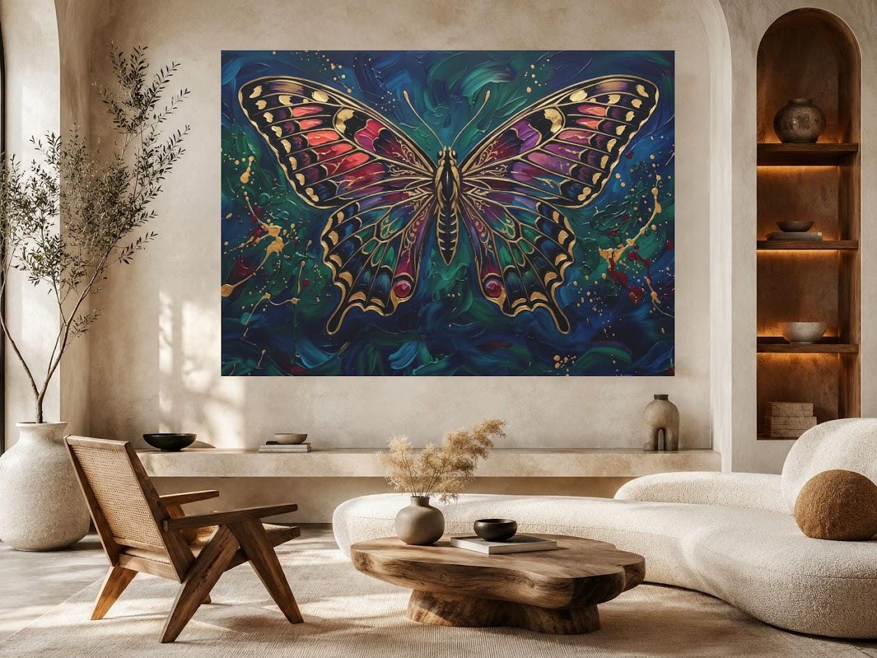 Butterfly Wall Art | Jewel Tone Canvas | Moody Botanical Decor — Framed Print wall art