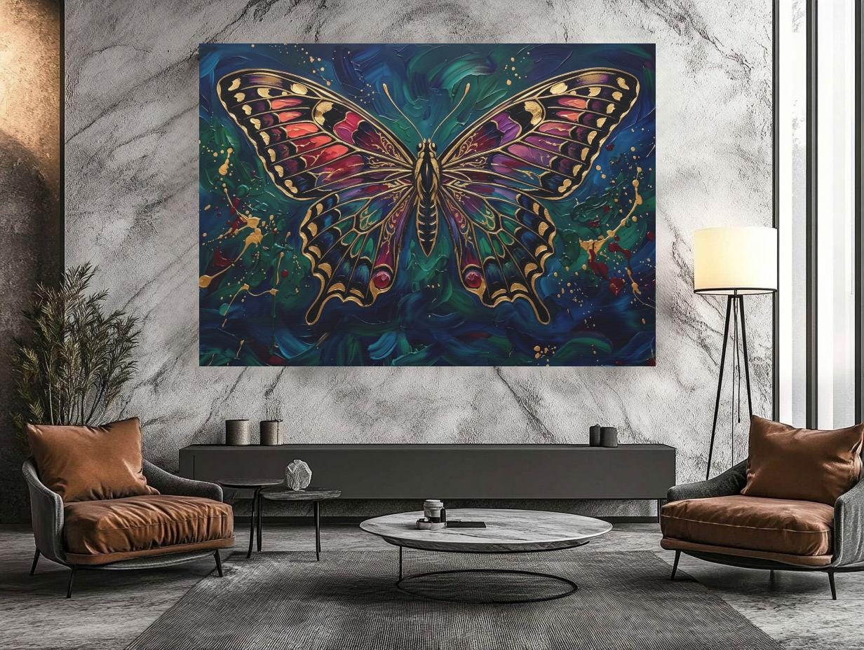 Butterfly Wall Art | Jewel Tone Canvas | Moody Botanical Decor — Framed Print wall art